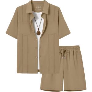 image:imageUOUA Mens 2 Piece Short Set Summer Texture Beach Outfits Short Sleeve Shirts and Shorts Casual Vacation SetsKhaki