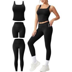 image:imageUOUA 3 Piece Workout Sets for Women High Waisted Butt Lifting Leggings Tummy Control Yoga Pants with Sports Bra Biker ShortsBlack