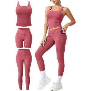 image:imageUOUA 3 Piece Workout Sets for Women High Waisted Butt Lifting Leggings Tummy Control Yoga Pants with Sports Bra Biker ShortsRose