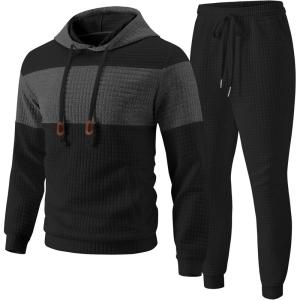 image:imageUOUA Mens Tracksuit 2 Piece Hoodie amp Sweatpants Set Waffle Jacquard Sweatsuit Outfits Casual Jogging SuitsBlack