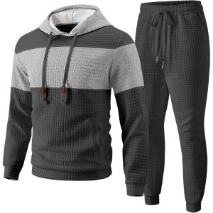 image:imageUOUA Mens Tracksuit 2 Piece Hoodie amp Sweatpants Set Waffle Jacquard Sweatsuit Outfits Casual Jogging SuitsDark Grey