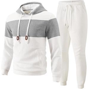 image:imageUOUA Mens Tracksuit 2 Piece Hoodie amp Sweatpants Set Waffle Jacquard Sweatsuit Outfits Casual Jogging SuitsWhite