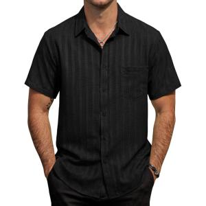image:imageVATPAVE Mens Casual Button Down Short Sleeve Shirt Textured Hawaiian Shirt Summer Vacation Beach Shirts with PocketBlack