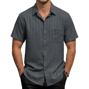 image:imageVATPAVE Mens Casual Button Down Short Sleeve Shirt Textured Hawaiian Shirt Summer Vacation Beach Shirts with PocketDark Gray