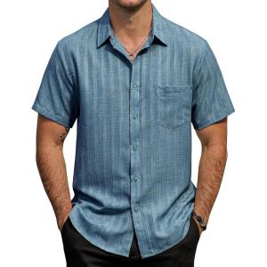 image:imageVATPAVE Mens Casual Button Down Short Sleeve Shirt Textured Hawaiian Shirt Summer Vacation Beach Shirts with PocketDenimblue