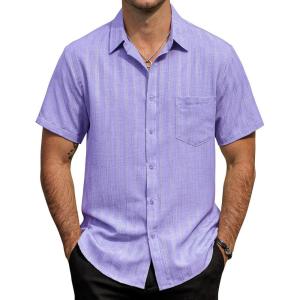 image:imageVATPAVE Mens Casual Button Down Short Sleeve Shirt Textured Hawaiian Shirt Summer Vacation Beach Shirts with PocketLavender