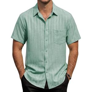 image:imageVATPAVE Mens Casual Button Down Short Sleeve Shirt Textured Hawaiian Shirt Summer Vacation Beach Shirts with PocketSage Green