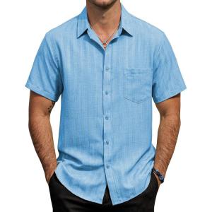 image:imageVATPAVE Mens Casual Button Down Short Sleeve Shirt Textured Hawaiian Shirt Summer Vacation Beach Shirts with PocketSky Blue
