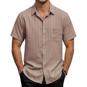 image:imageVATPAVE Mens Casual Button Down Short Sleeve Shirt Textured Hawaiian Shirt Summer Vacation Beach Shirts with PocketTan