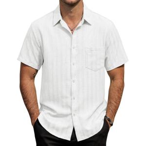 image:imageVATPAVE Mens Casual Button Down Short Sleeve Shirt Textured Hawaiian Shirt Summer Vacation Beach Shirts with PocketWhite