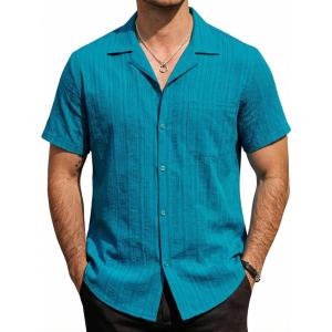image:imageVATPAVE Mens Cuban Guayabera Shirts Button Down Short Sleeve Shirt Cotton Casual Summer Beach Wedding Shirts with PocketLakeblue