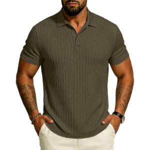 image:imageUOUA Mens Polo Shirt Texture Knitted Button TShirt Casual Short Sleeve Summer Vacation Golf ShirtsArmy Green