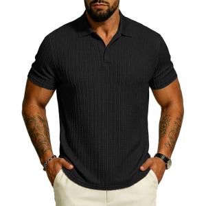 image:imageUOUA Mens Polo Shirt Texture Knitted Button TShirt Casual Short Sleeve Summer Vacation Golf ShirtsBlack