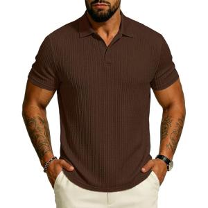 image:imageUOUA Mens Polo Shirt Texture Knitted Button TShirt Casual Short Sleeve Summer Vacation Golf ShirtsBrown