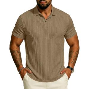 image:imageUOUA Mens Polo Shirt Texture Knitted Button TShirt Casual Short Sleeve Summer Vacation Golf ShirtsKhaki