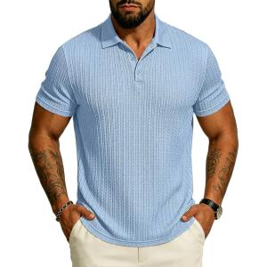 image:imageUOUA Mens Polo Shirt Texture Knitted Button TShirt Casual Short Sleeve Summer Vacation Golf ShirtsLight Blue