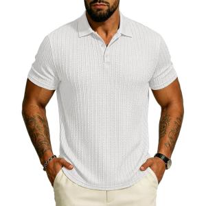 image:imageUOUA Mens Polo Shirt Texture Knitted Button TShirt Casual Short Sleeve Summer Vacation Golf ShirtsWhite