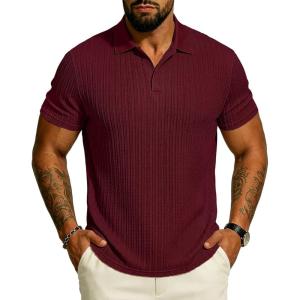 image:imageUOUA Mens Polo Shirt Texture Knitted Button TShirt Casual Short Sleeve Summer Vacation Golf ShirtsWine Red