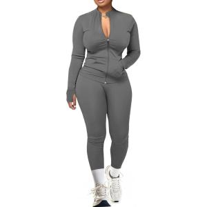 image:imageUOUA Two Piece Outfits Women Tracksuit Sets Long Sleeve Zip Up Jacket amp Leggings for Gym Workout SetGrey