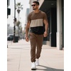 image:imageUOUA Mens 2 Piece Sweatsuits Outfits Short Sleeve Pullover Loungewear amp Joggers Sweatpants Summer Casual Track Suits SetBrownblockbeige