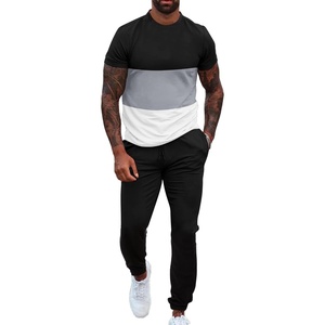 image:imageUOUA Mens 2 Piece Sweatsuits Outfits Short Sleeve Pullover Loungewear amp Joggers Sweatpants Summer Casual Track Suits SetBlackblockgrey