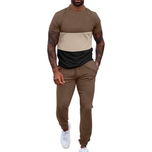 image:imageUOUA Mens 2 Piece Sweatsuits Outfits Short Sleeve Pullover Loungewear amp Joggers Sweatpants Summer Casual Track Suits SetBrownblockbeige