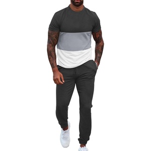 image:imageUOUA Mens 2 Piece Sweatsuits Outfits Short Sleeve Pullover Loungewear amp Joggers Sweatpants Summer Casual Track Suits SetDarkgreyblockwhite
