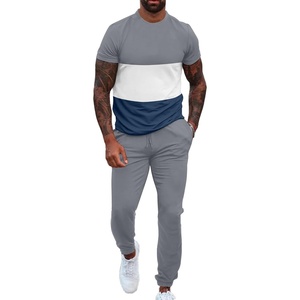 image:imageUOUA Mens 2 Piece Sweatsuits Outfits Short Sleeve Pullover Loungewear amp Joggers Sweatpants Summer Casual Track Suits SetGreyblockwhite