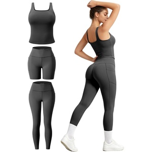 image:imageUOUA 3 Piece Workout Sets for Women High Waisted Butt Lifting Leggings Tummy Control Yoga Pants with Sports Bra Biker Shorts