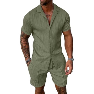 image:imageUOUA Summer Outfits for Men 2 Piece Short Sleeve Button Down Shirt amp Shorts Set Casual Vacation Beach TracksuitLight Army Green